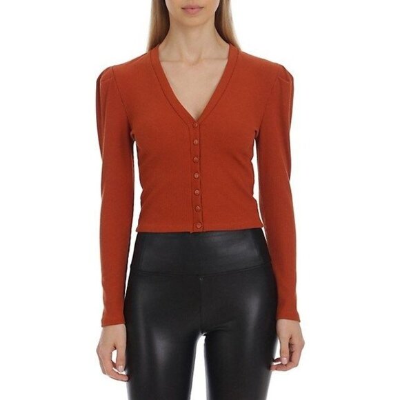 Avec Les Filles NEW Puff-Sleeve Rib-Knit Cardigan Shirt Rust Color Medium - Picture 2 of 11